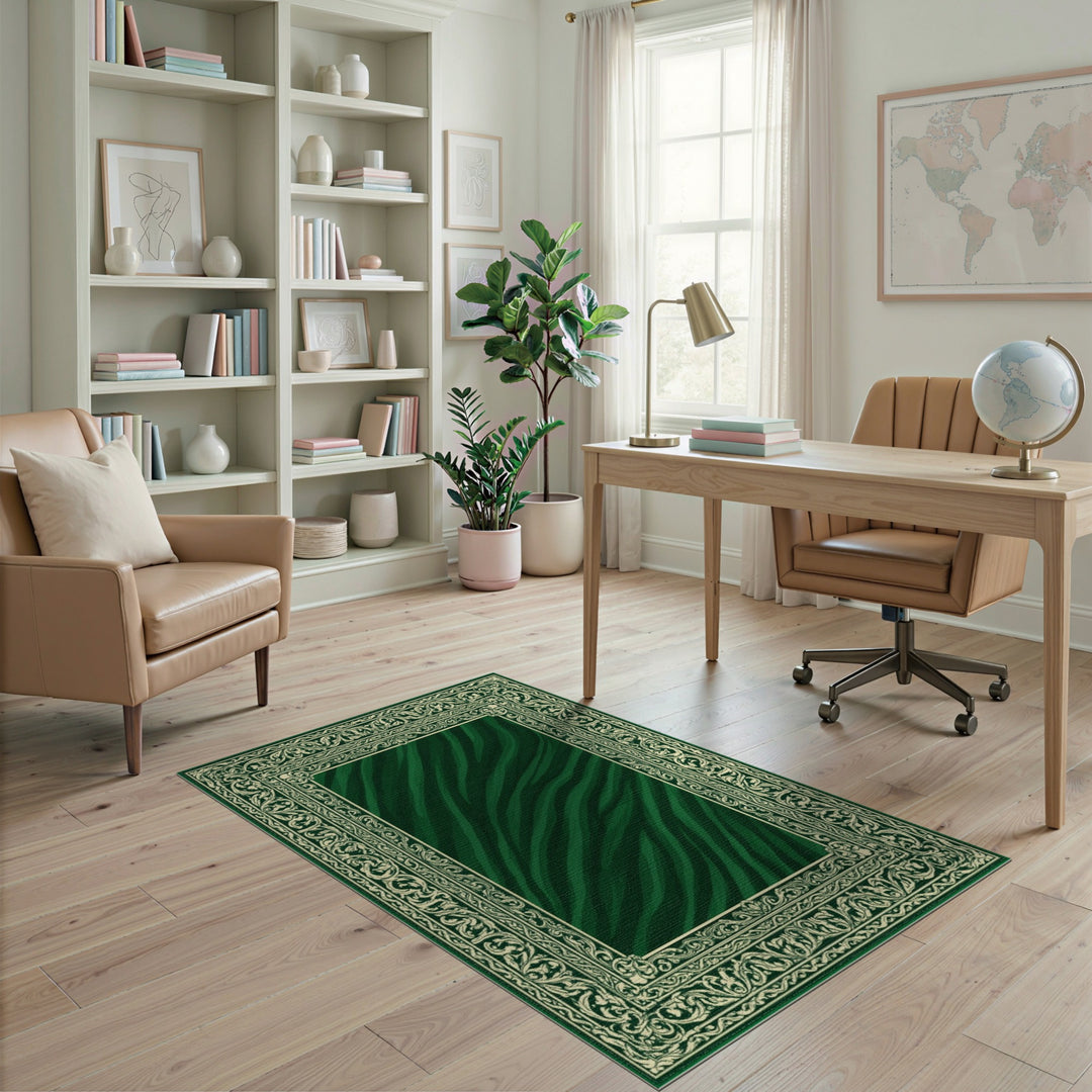 Green Zebra Striped Ornate Vintage Area Rug