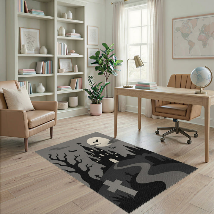 Black and White Spooky Haunted Castle Halloween Area Rug
