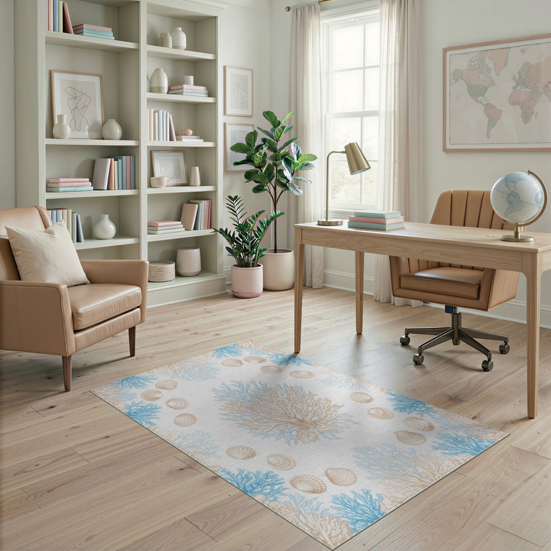 Blue Coral Seashell Coastal Area Rug