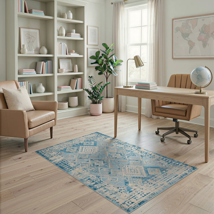 Distressed Blue Diamond Geometric Area Rug