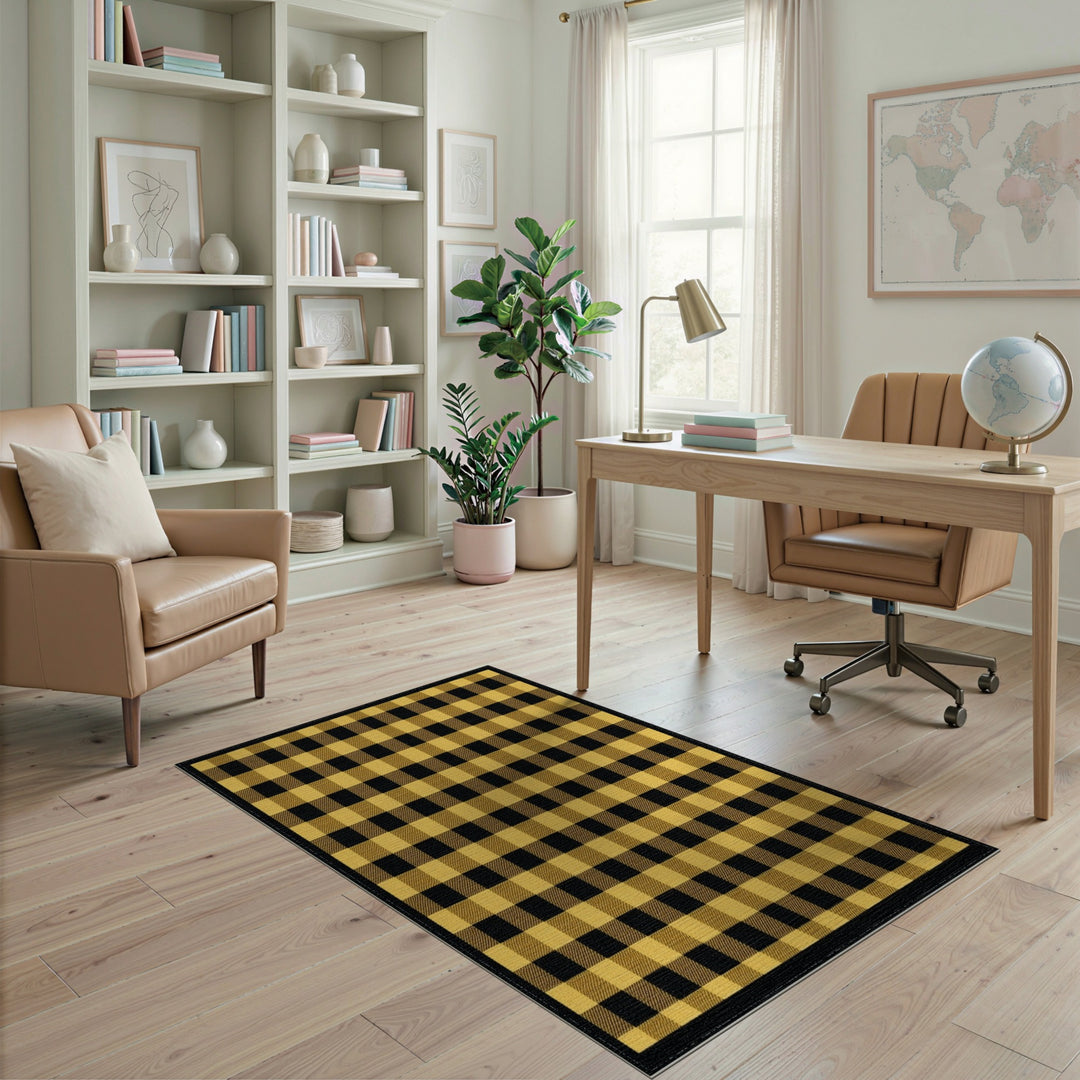 Yellow Black Checkered Area Rug