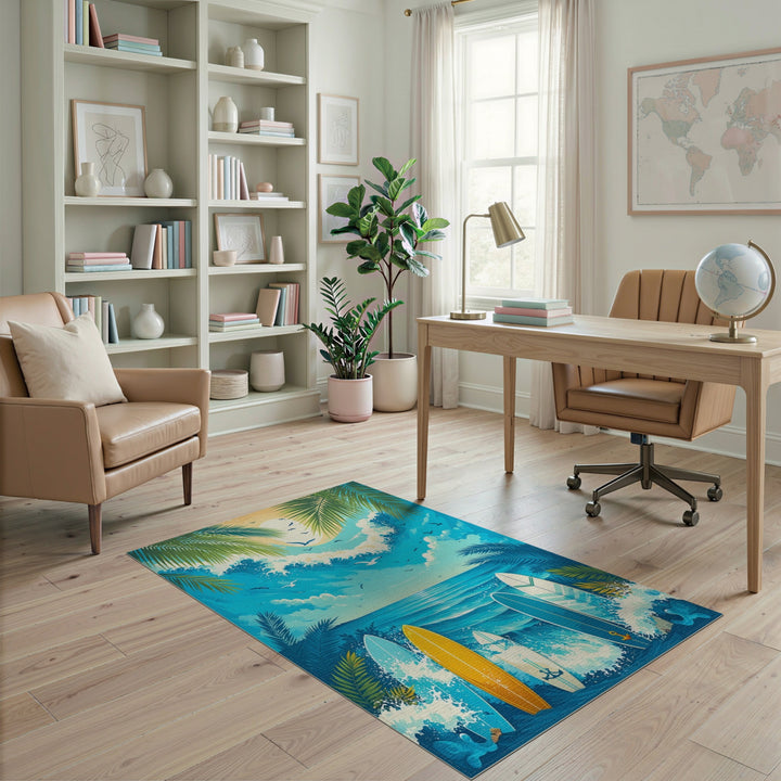 Blue Surfboard Waves Coastal Beach Area Rug
