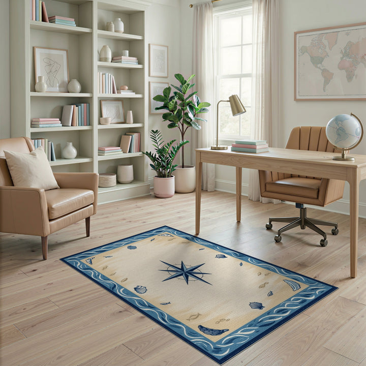 Blue and Teal Coastal Compass Blue Area Rug