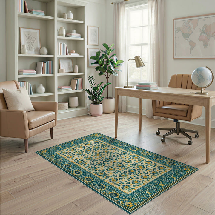Teal Floral Vintage Area Rug