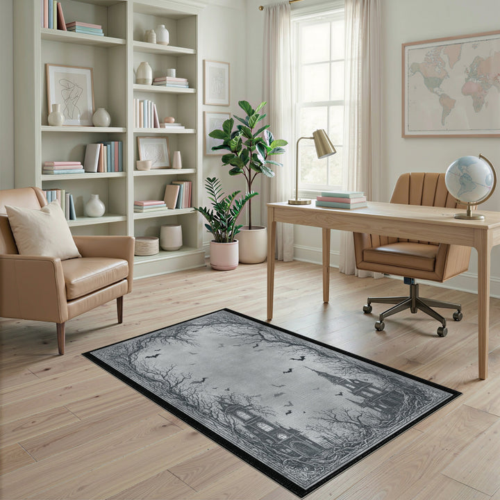 Gothic Haunted Mansion Black White Area Rug