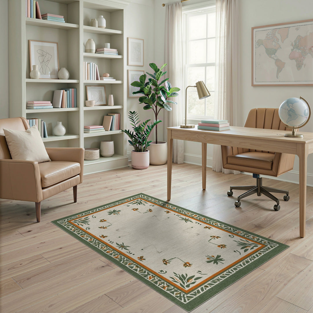 Floral Vintage Beige Area Rug with Green Border