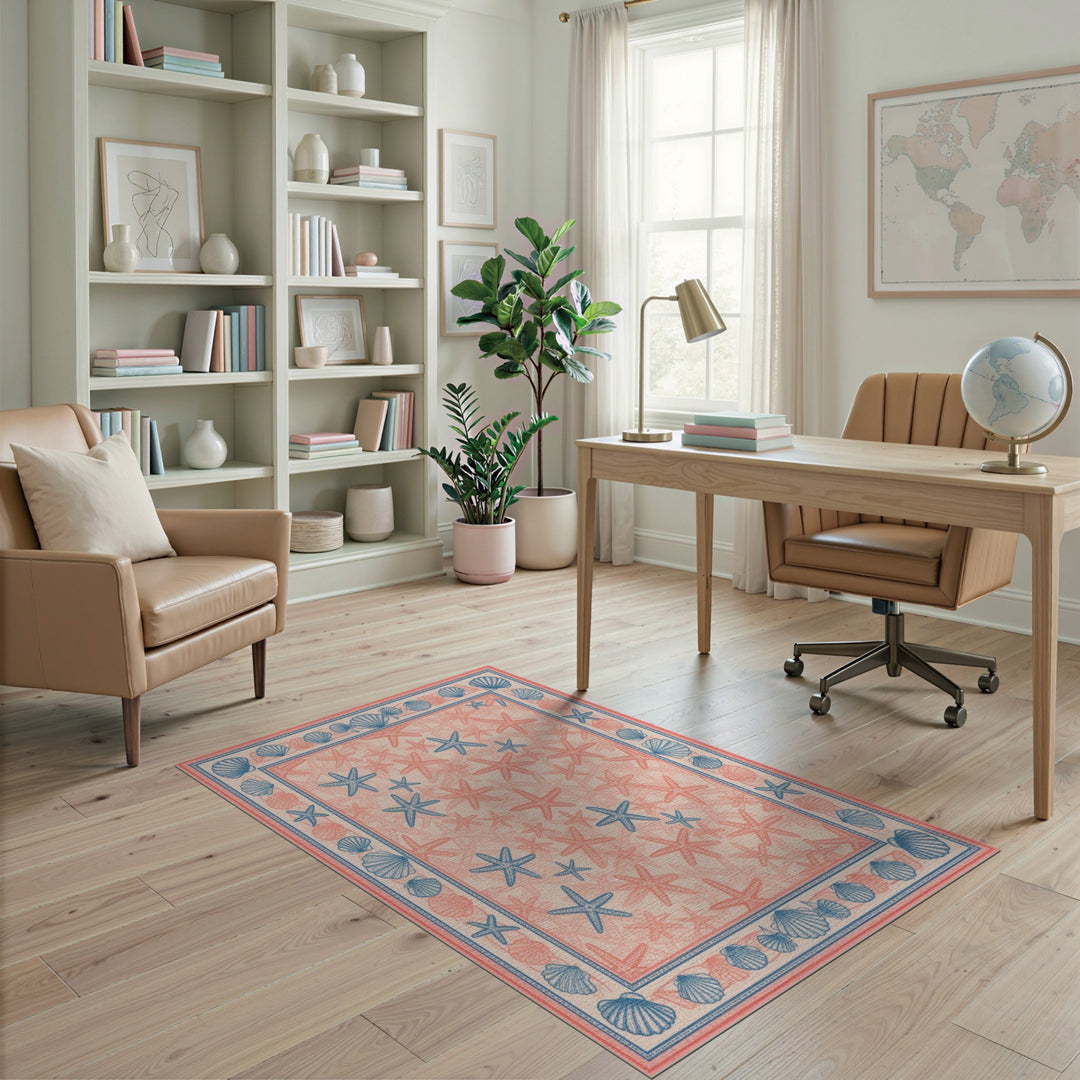 Blue Coastal Seashell and Starfish Area Rug