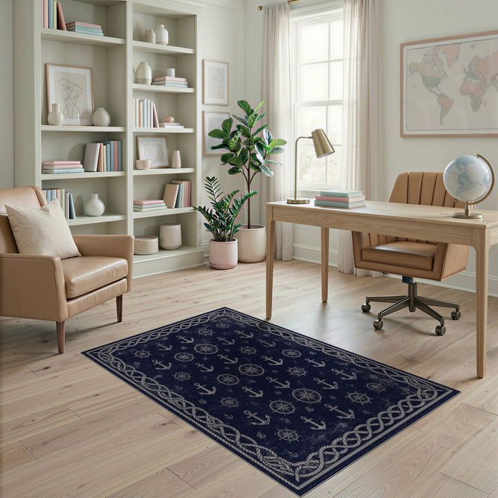 Navy Blue Nautical Anchor Area Rug