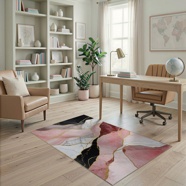 Pink Marble Pink Marble Gold Vein Abstract Area Rug