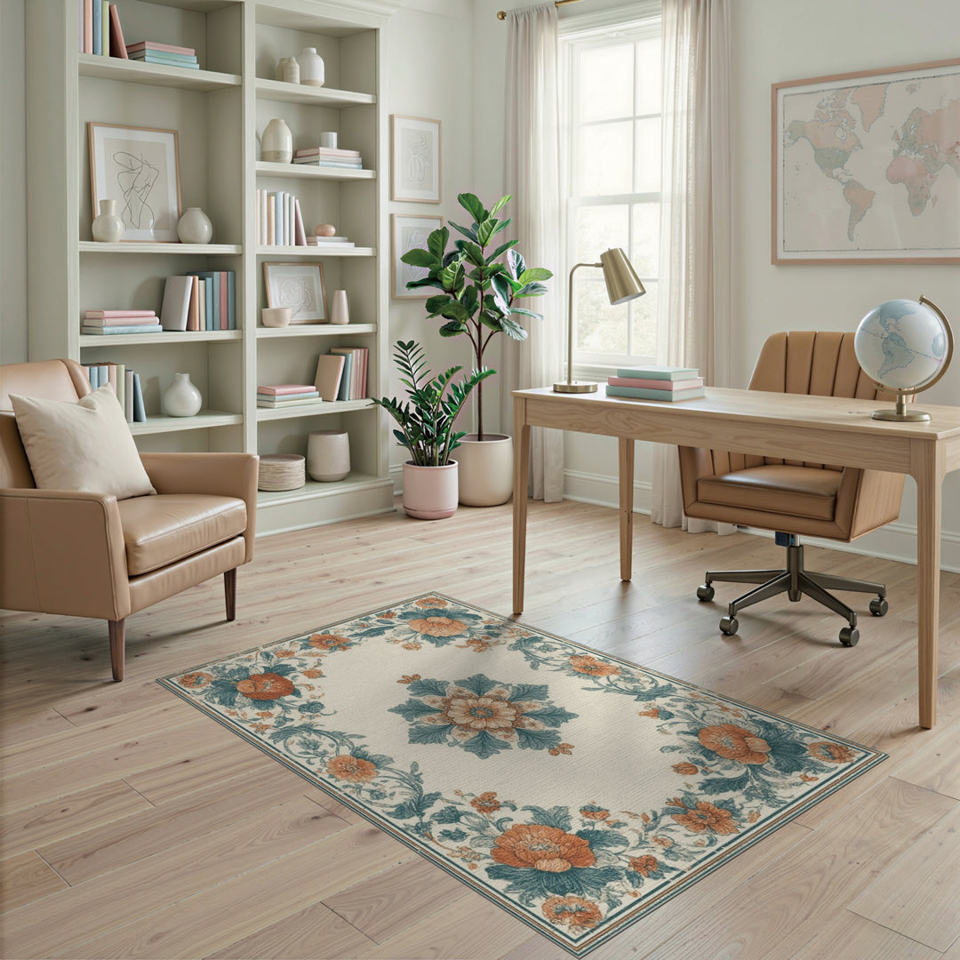 Vintage Floral Medallion Teal Orange Area Rug
