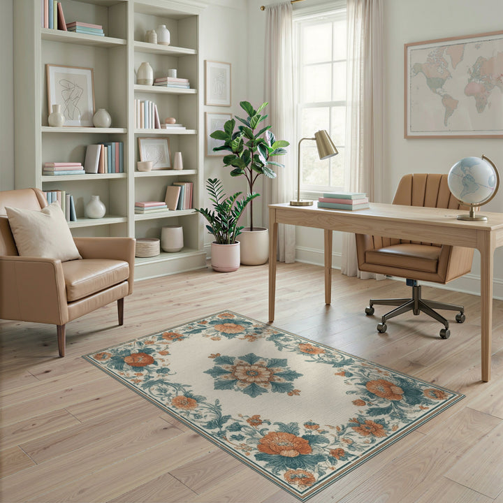 Vintage Floral Medallion Teal Orange Area Rug