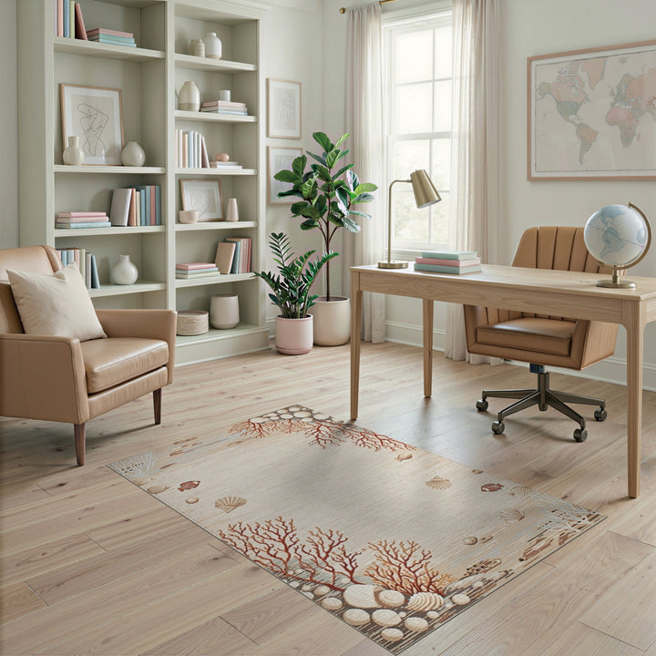 Beige Coastal Coral Seashell Area Rug