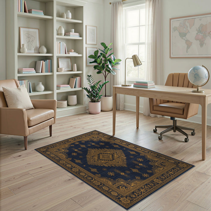 Blue Gold Tribal Medallion Area Rug