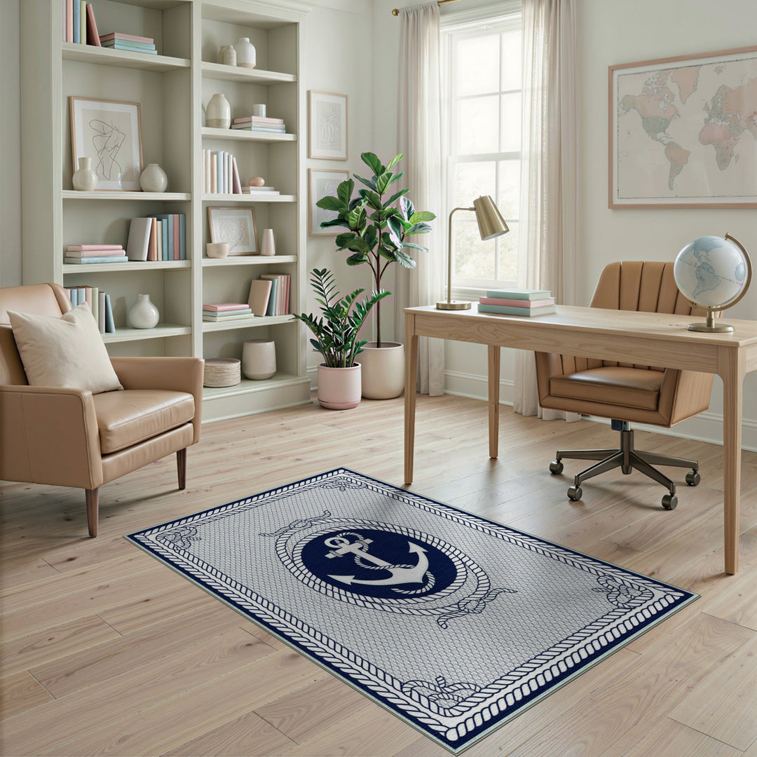 Navy Anchor Rope Coastal Area Rug