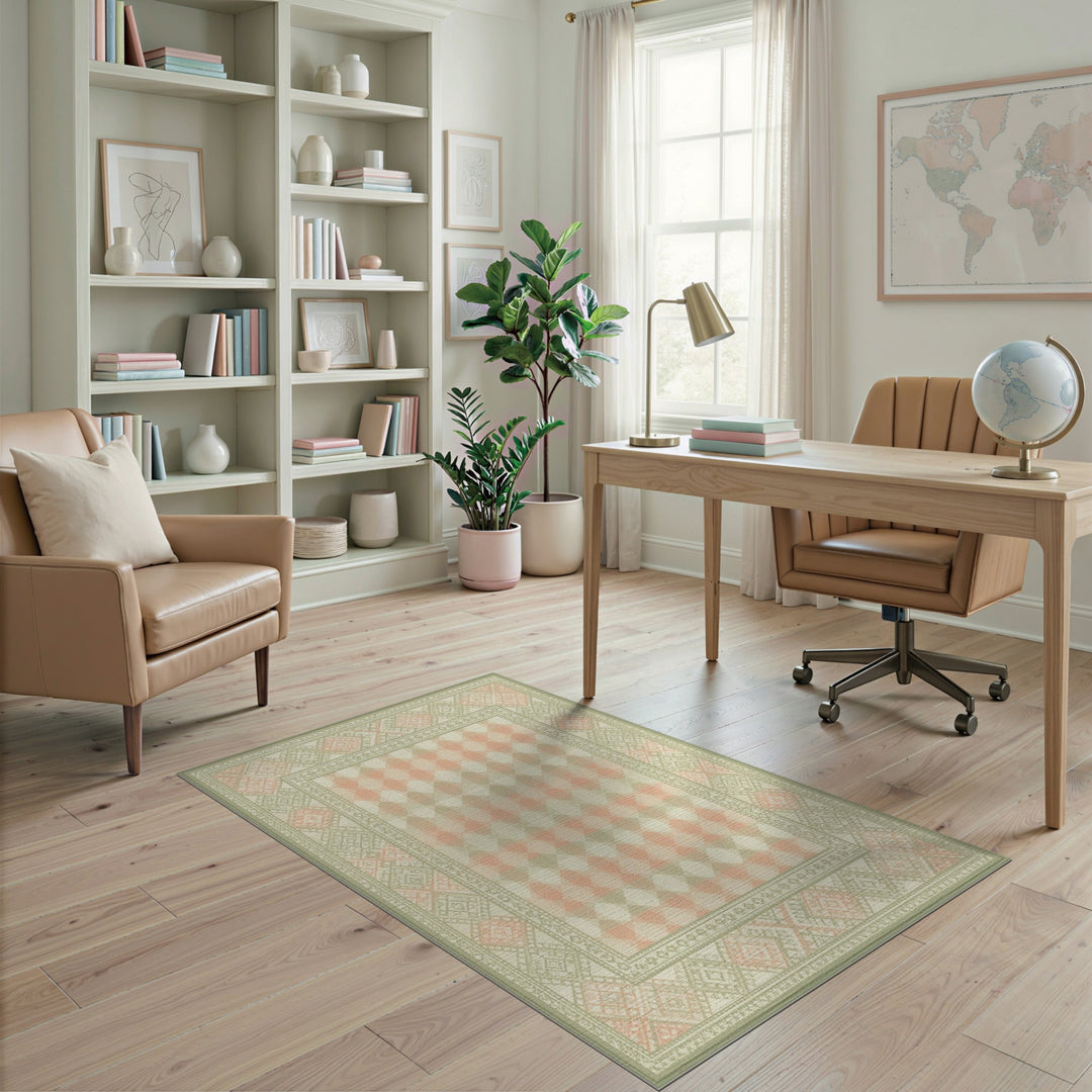 Coral Gingham Border Area Rug