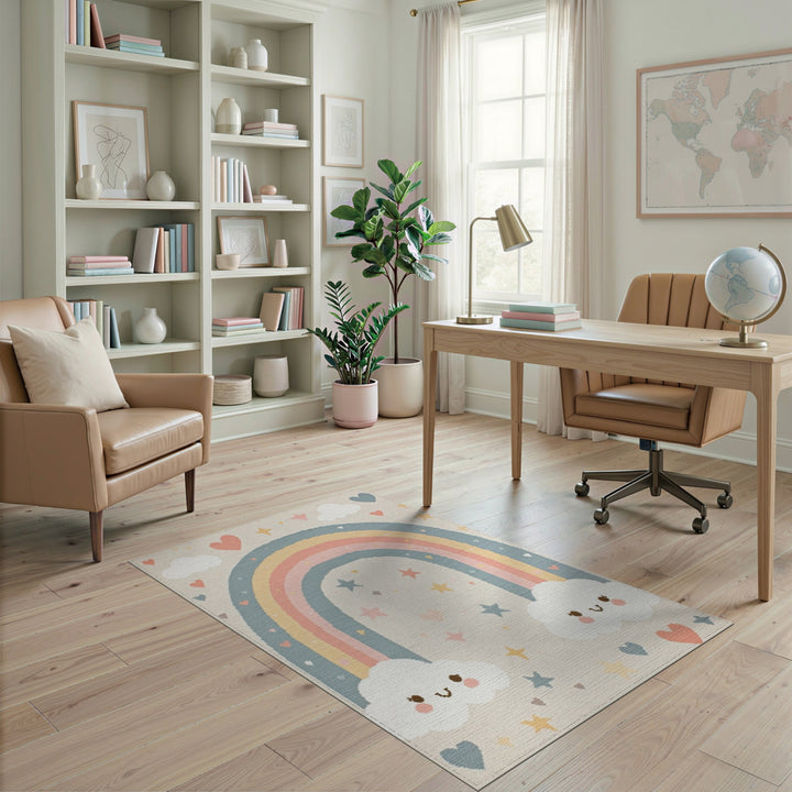Pastel Rainbow Smiling Clouds Kids Area Rug