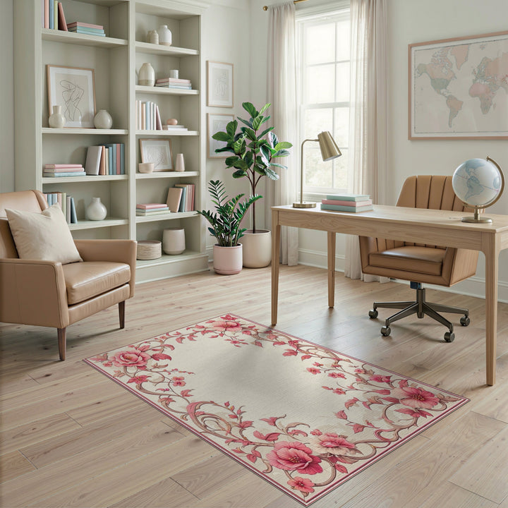 Pink Rose Floral Vintage Area Rug