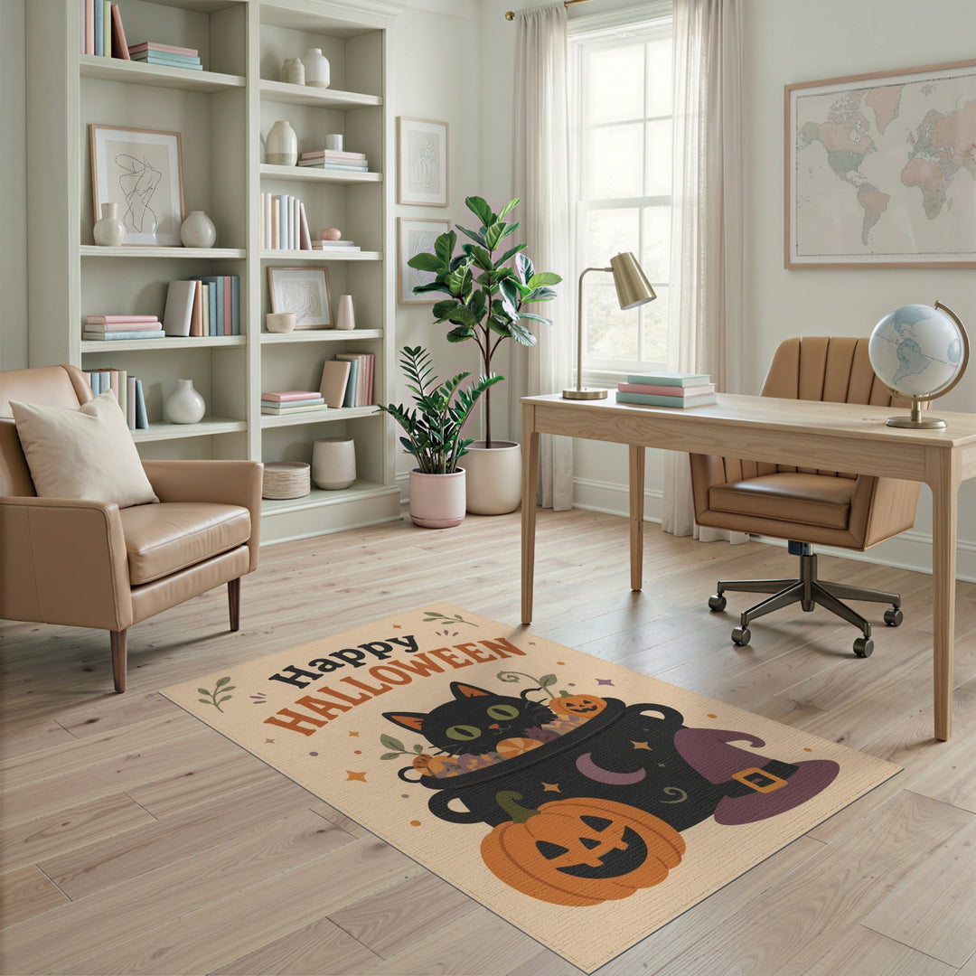 Happy Halloween Black Cat Cauldron Area Rug