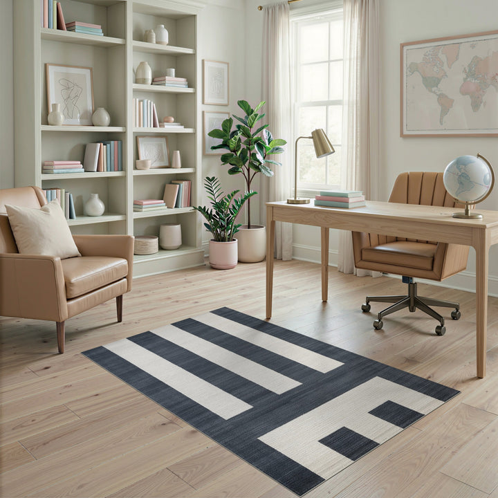 Navy Striped Geometric Washable Area Rug