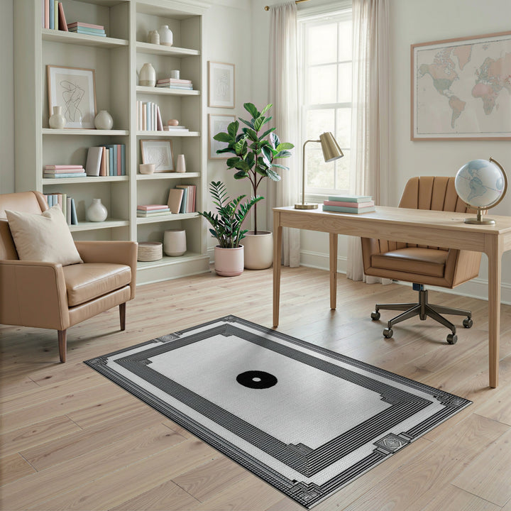Black White Geometric Border Area Rug