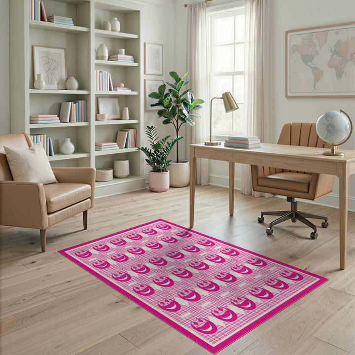 Pink Smiley Face Gingham Kids Area Rug