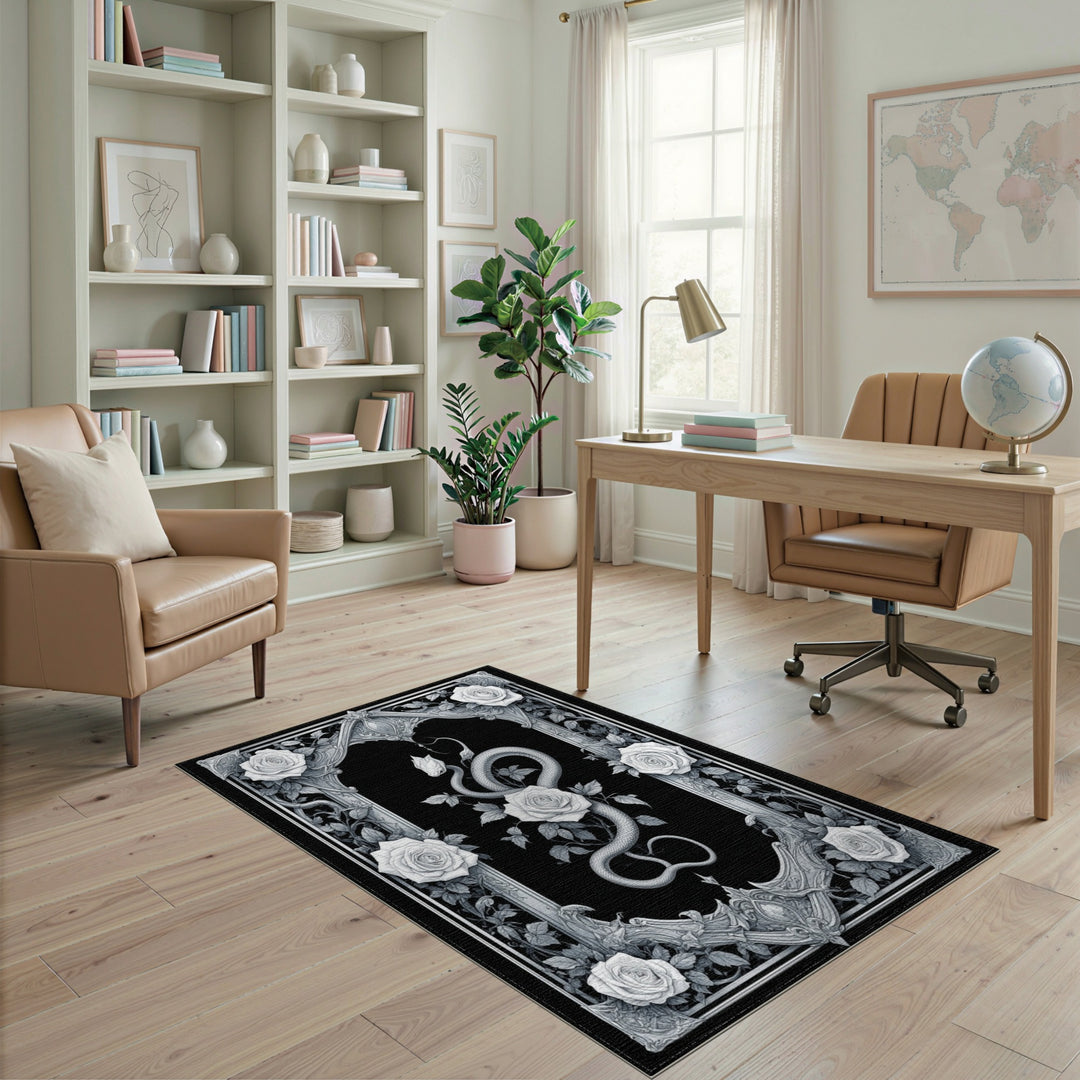 Black White Serpent Rose Ornate Area Rug
