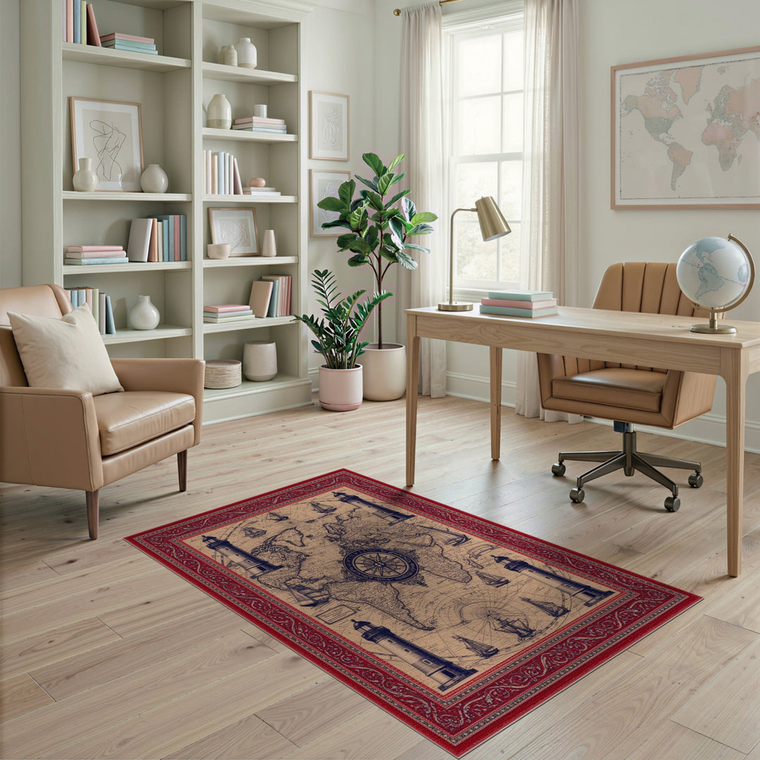 Vintage Nautical World Map Red Border Rug