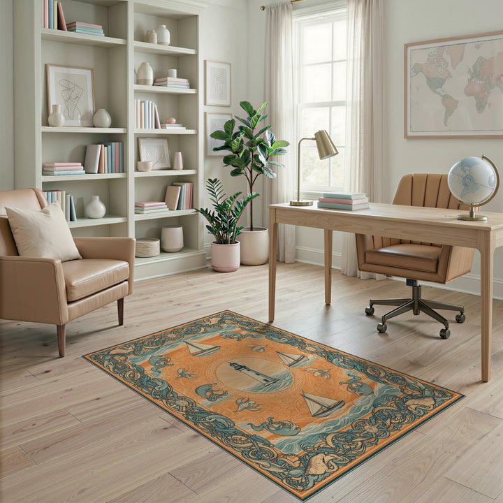 Coastal Lighthouse Octopus Area Rug