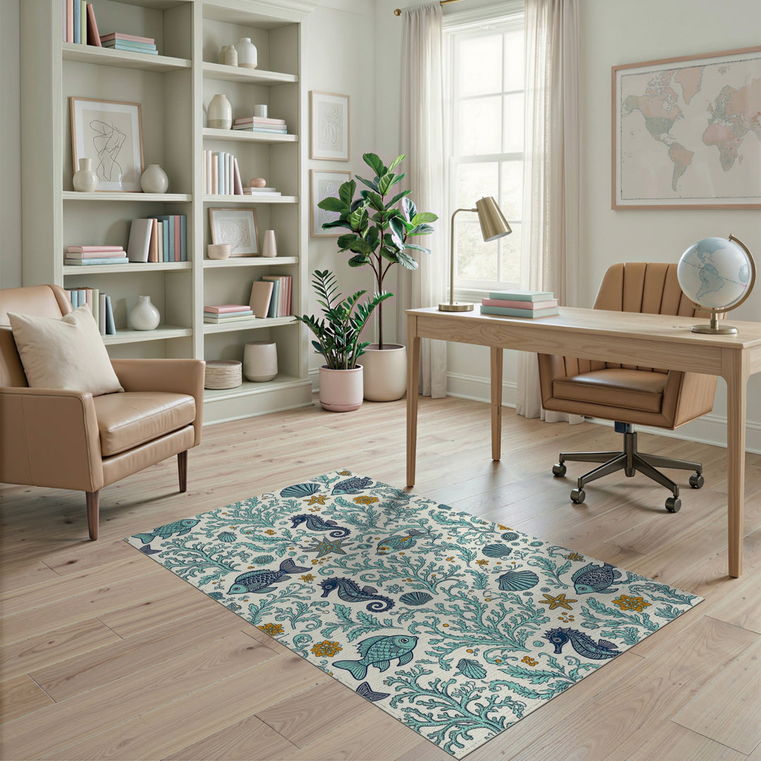Blue Teal Seahorse Coastal Area Rug