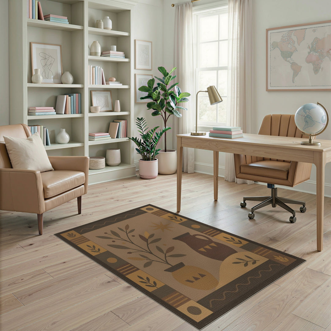 Southwestern Brown Tan Plant and Pitcher Area Rug