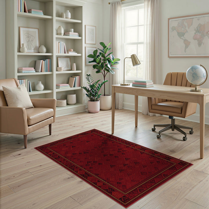 Deep Red Geometric Heritage Tribal Area Rug