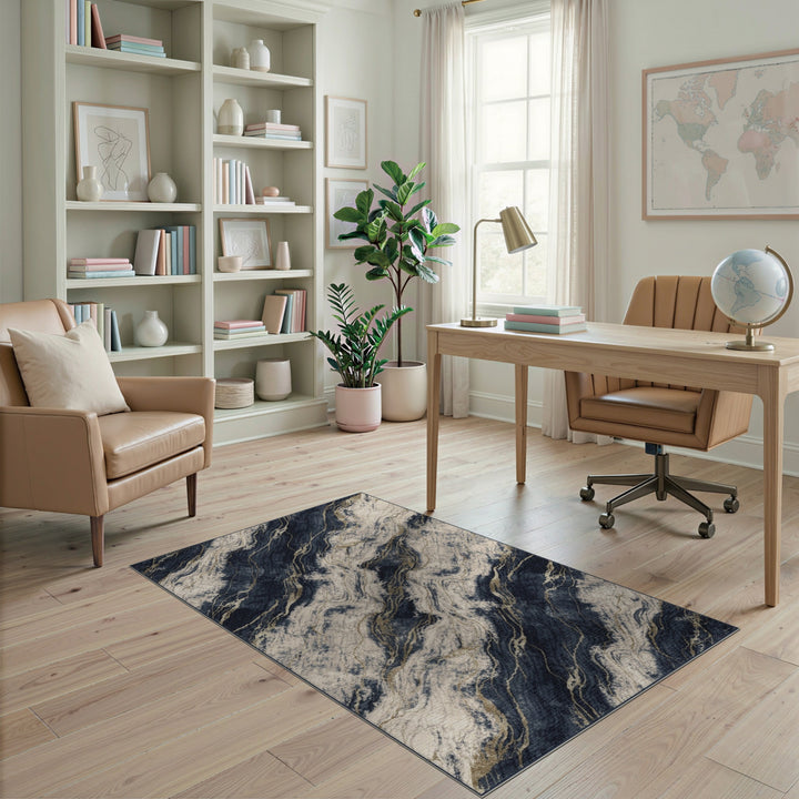Navy Gold Marble Abstract Area Rug