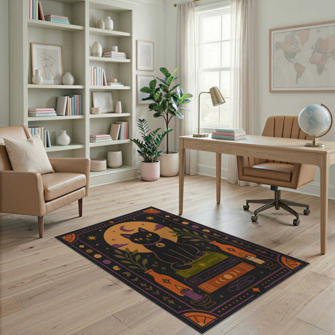 Mystical Black Cat Moon Area Rug