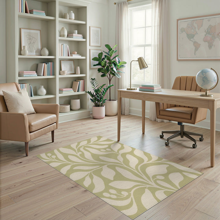 Sage Green Floral Leaf Area Rug