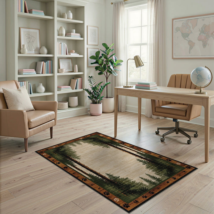 Rustic Pine Forest Paw Print Area Rug