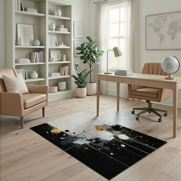 Black Gold Abstract Splatter Area Rug