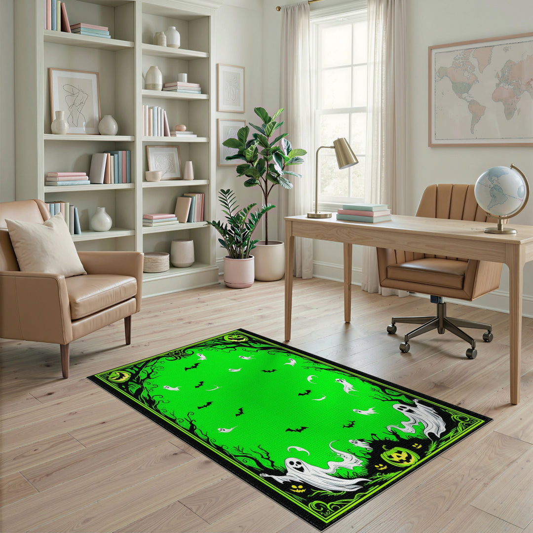 Green Halloween Ghosts and Bats Area Rug