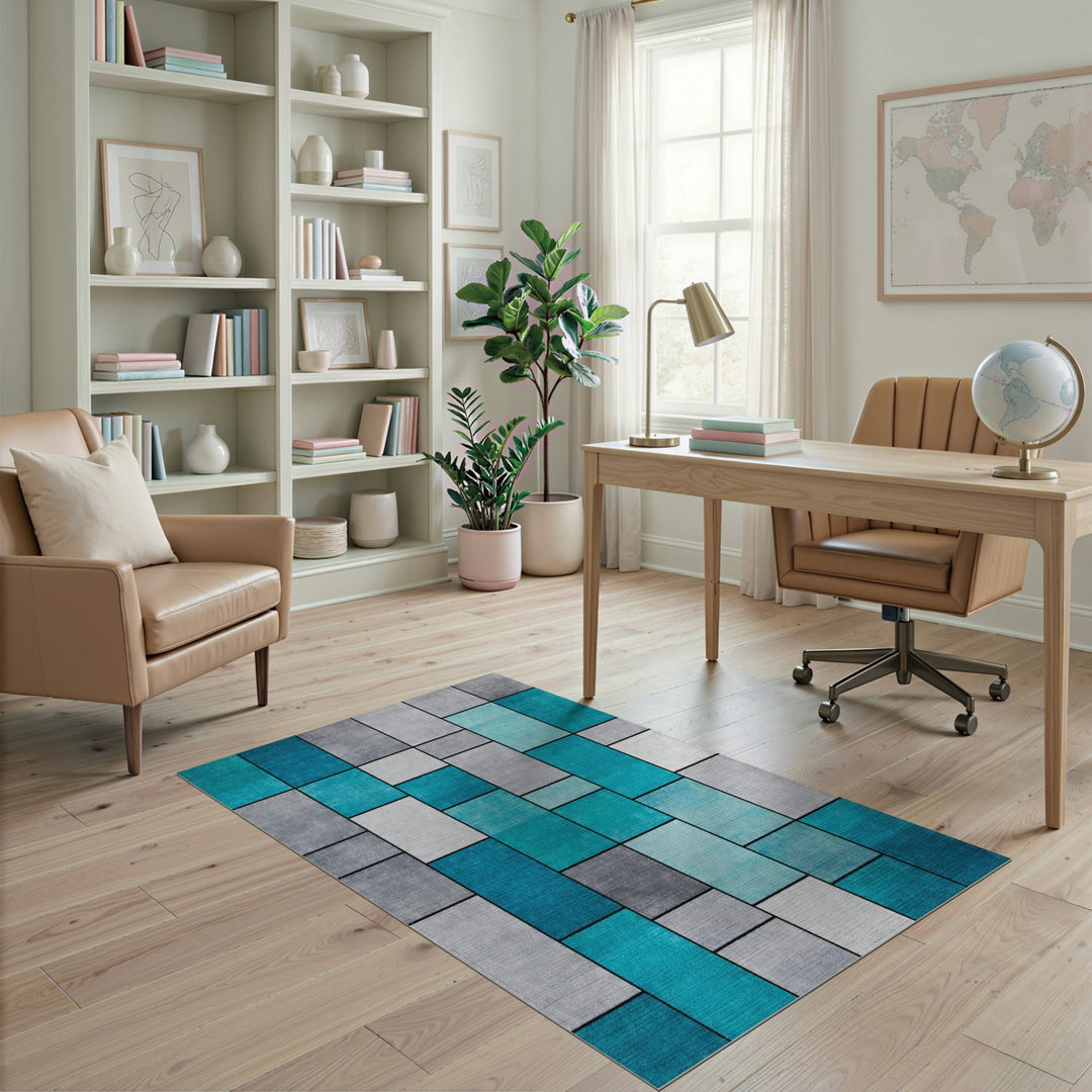 Geometric Teal Block Area Rug