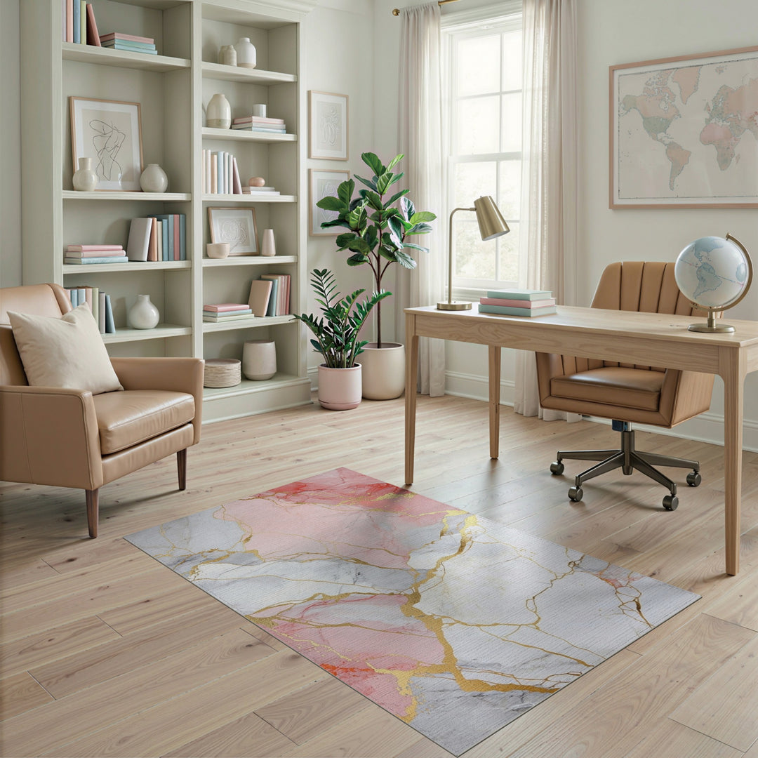 Pink Marble Gold Vein Washable Pink Area Rug