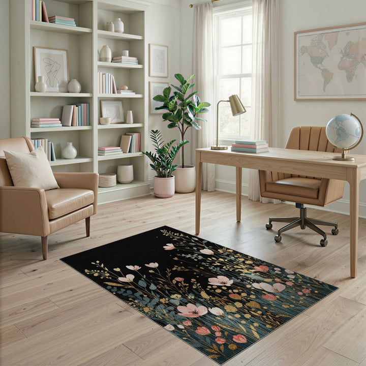 Pink Floral Gold Washable Area Rug