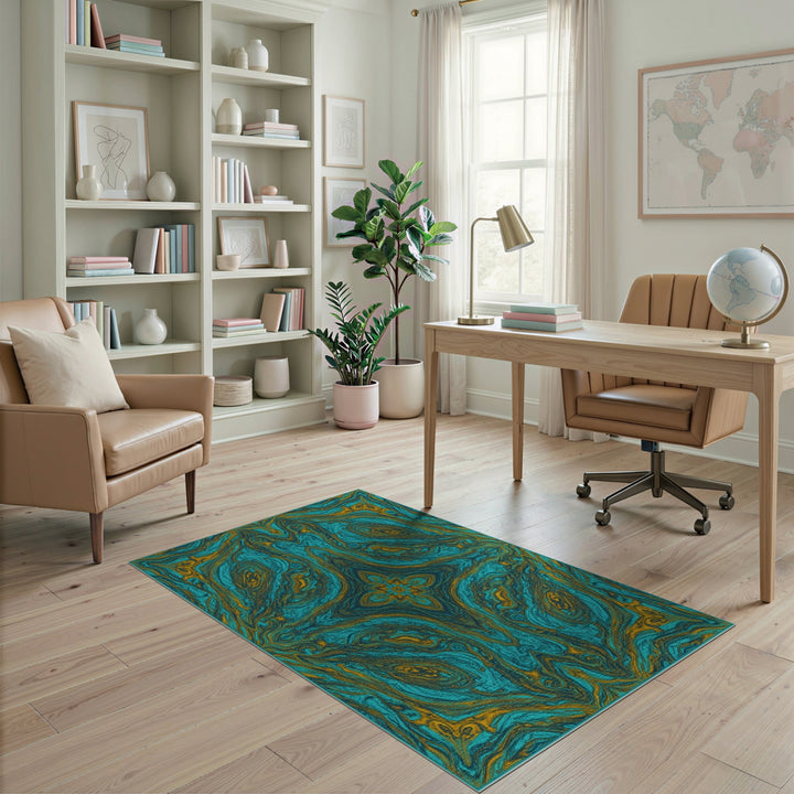 Teal Gold Swirl Abstract Blue and Teal Area Rug