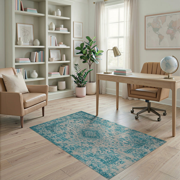 Distressed Teal Medallion Area Rug