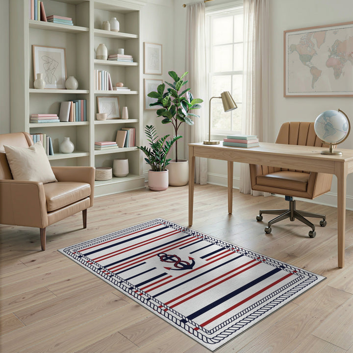 Nautical Anchor Striped Coastal Area Rug