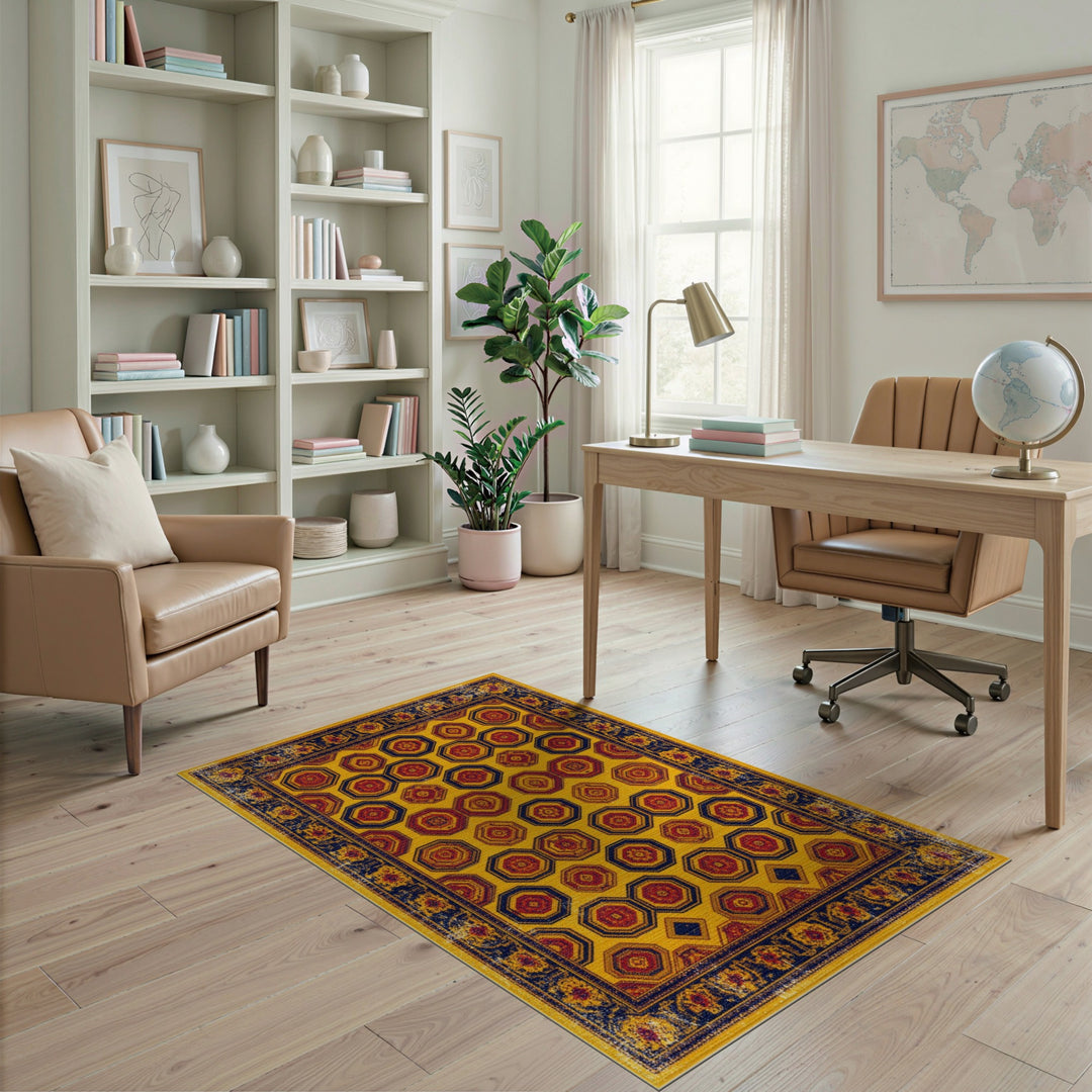 Yellow Geometric Octagon Distressed Area Rug
