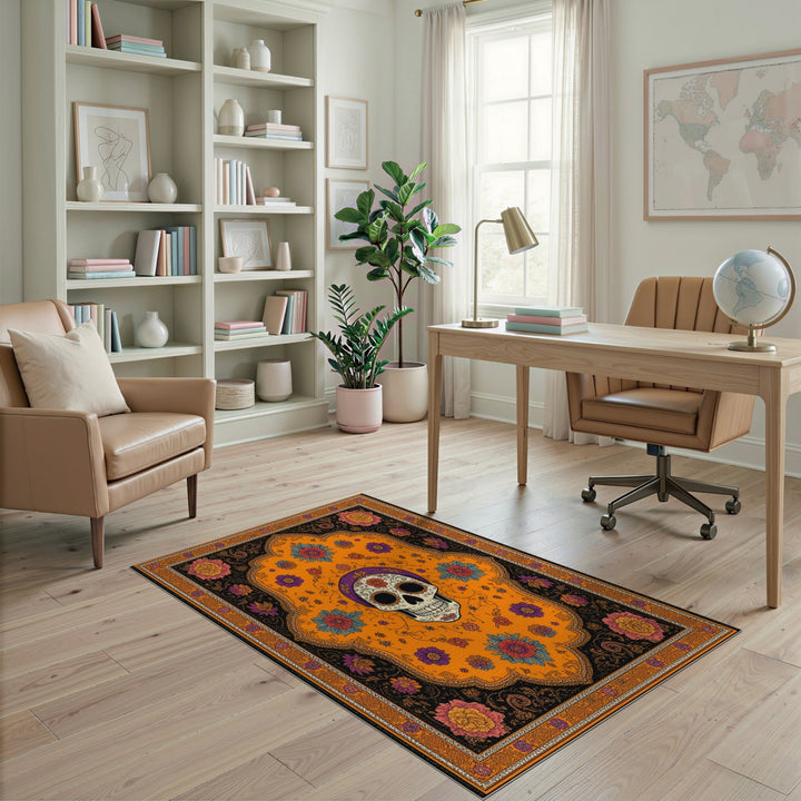 Orange Sugar Skull Floral Area Rug