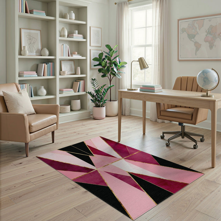 Geometric Modern Pink Geometric Area Rug with Gold Accents