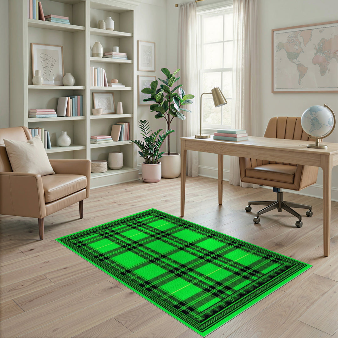 Vibrant Green Plaid Washable Area Rug