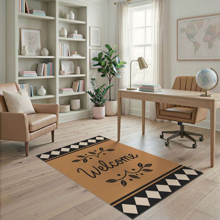 Welcome Brown Tan Leaf Border Area Rug