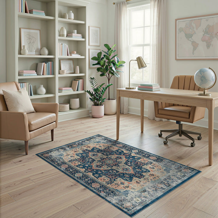 Blue Teal Distressed Vintage Medallion Area Rug