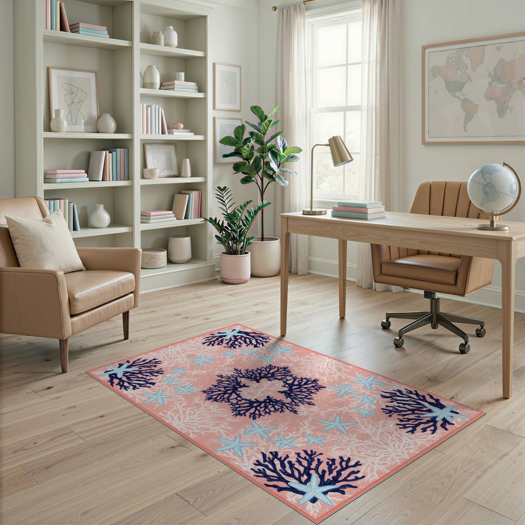 Pink Coral Starfish Coastal Area Rug